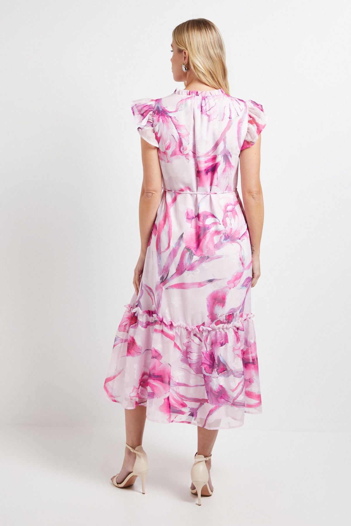 Wallis Wallis Women's Petite Floral Burn Out Ruffle Midi Dress in Pink - 3