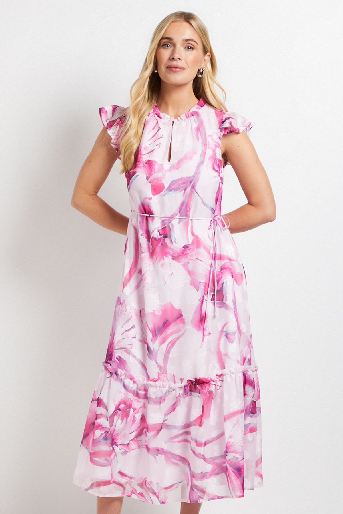 Wallis Wallis Women's Petite Floral Burn Out Ruffle Midi Dress in Pink - 4