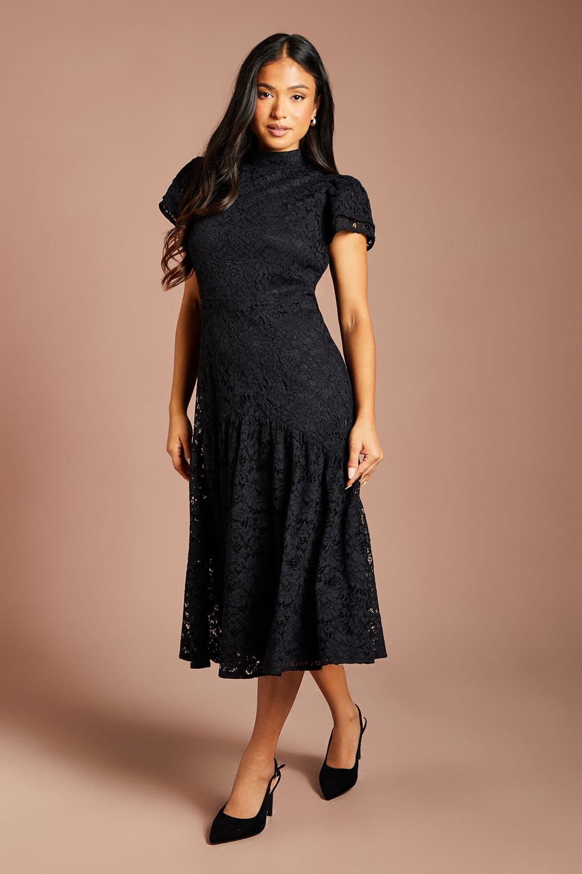Coast Coast Women's Petite Lace Frill Sleeve High Neck Midi Dress in Black