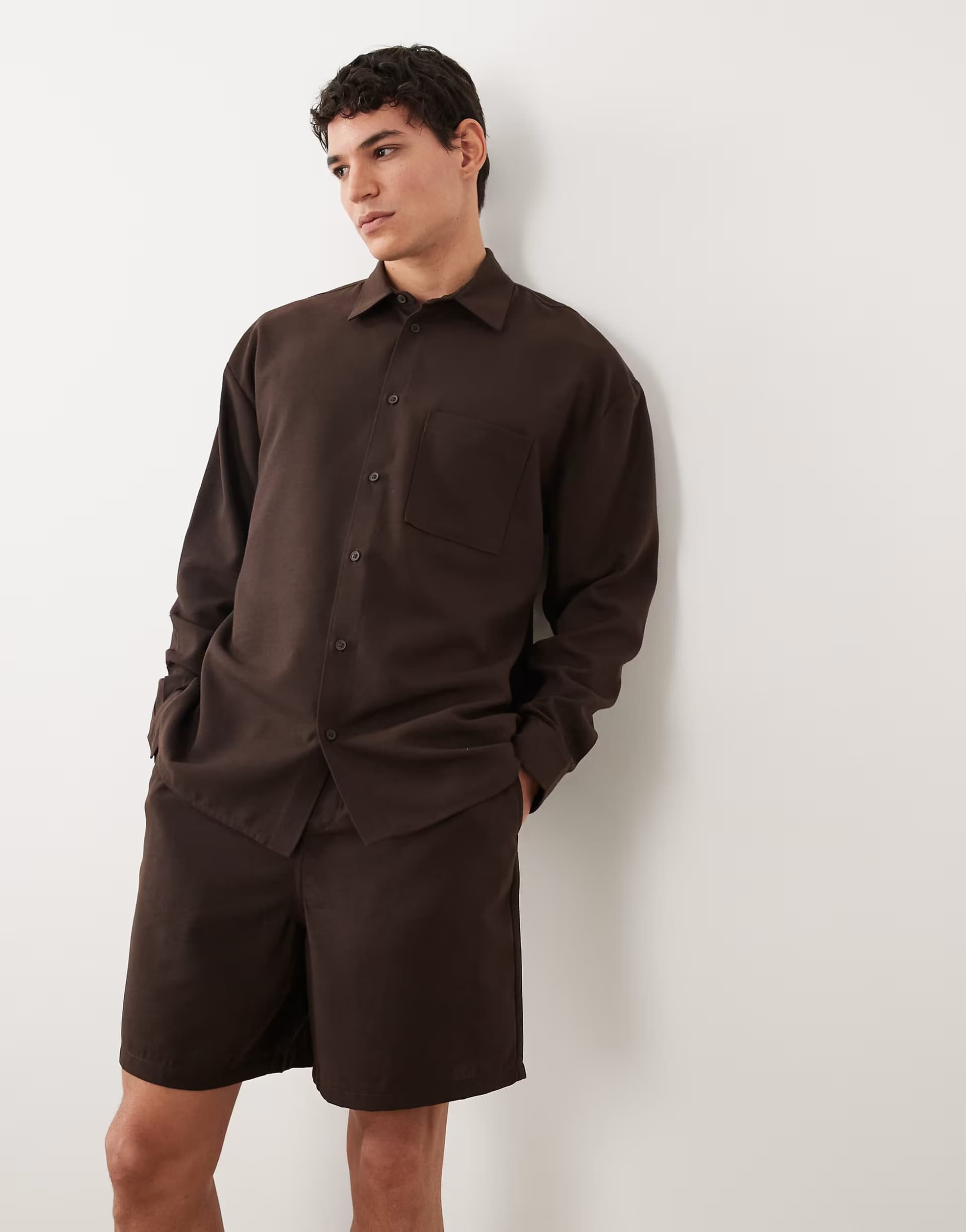 ASOS New Look co-ord linen look oversized long sleeve shirt in brown