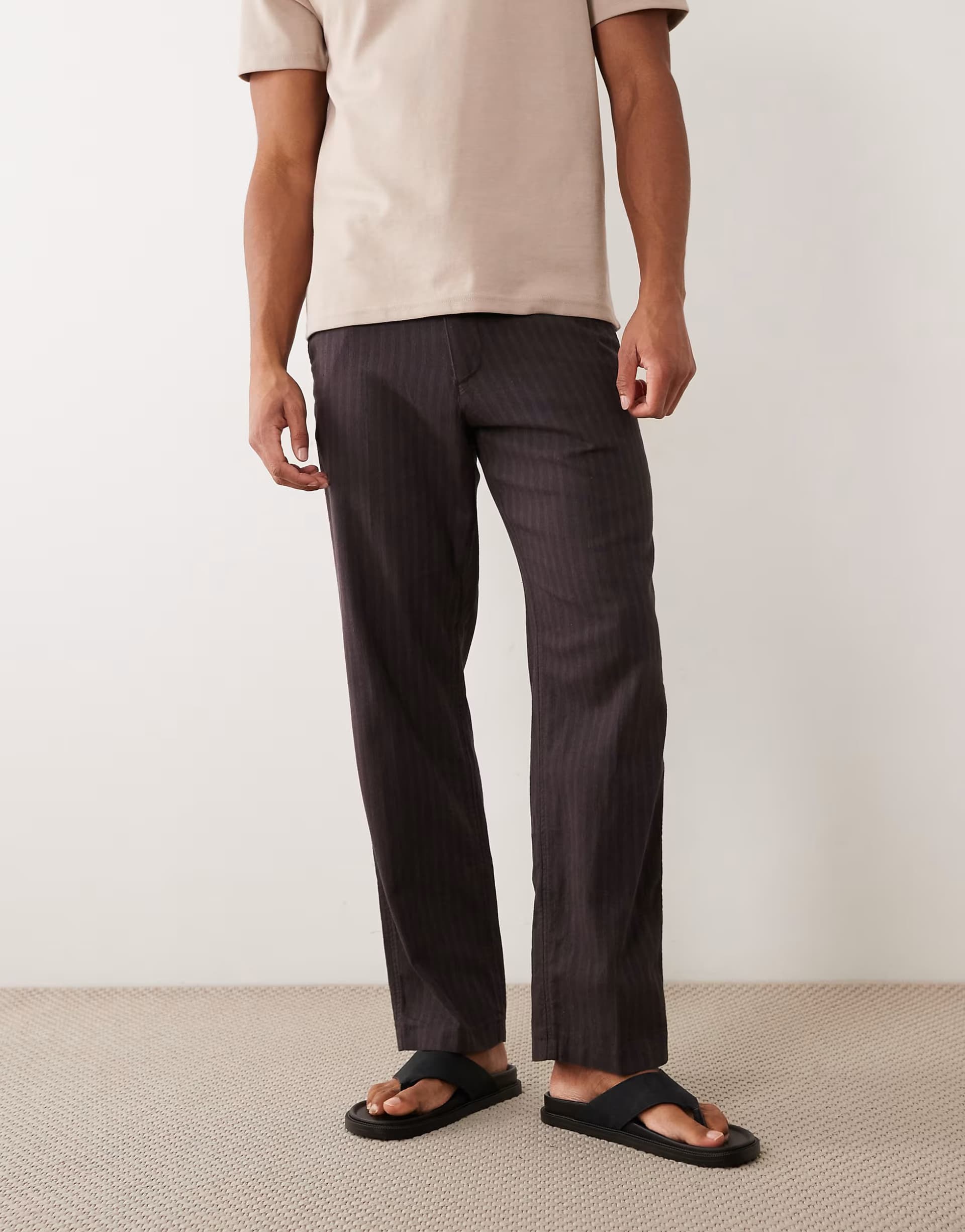 ASOS Abercrombie & Fitch straight fit smart linen mix trousers in brown pinstripe