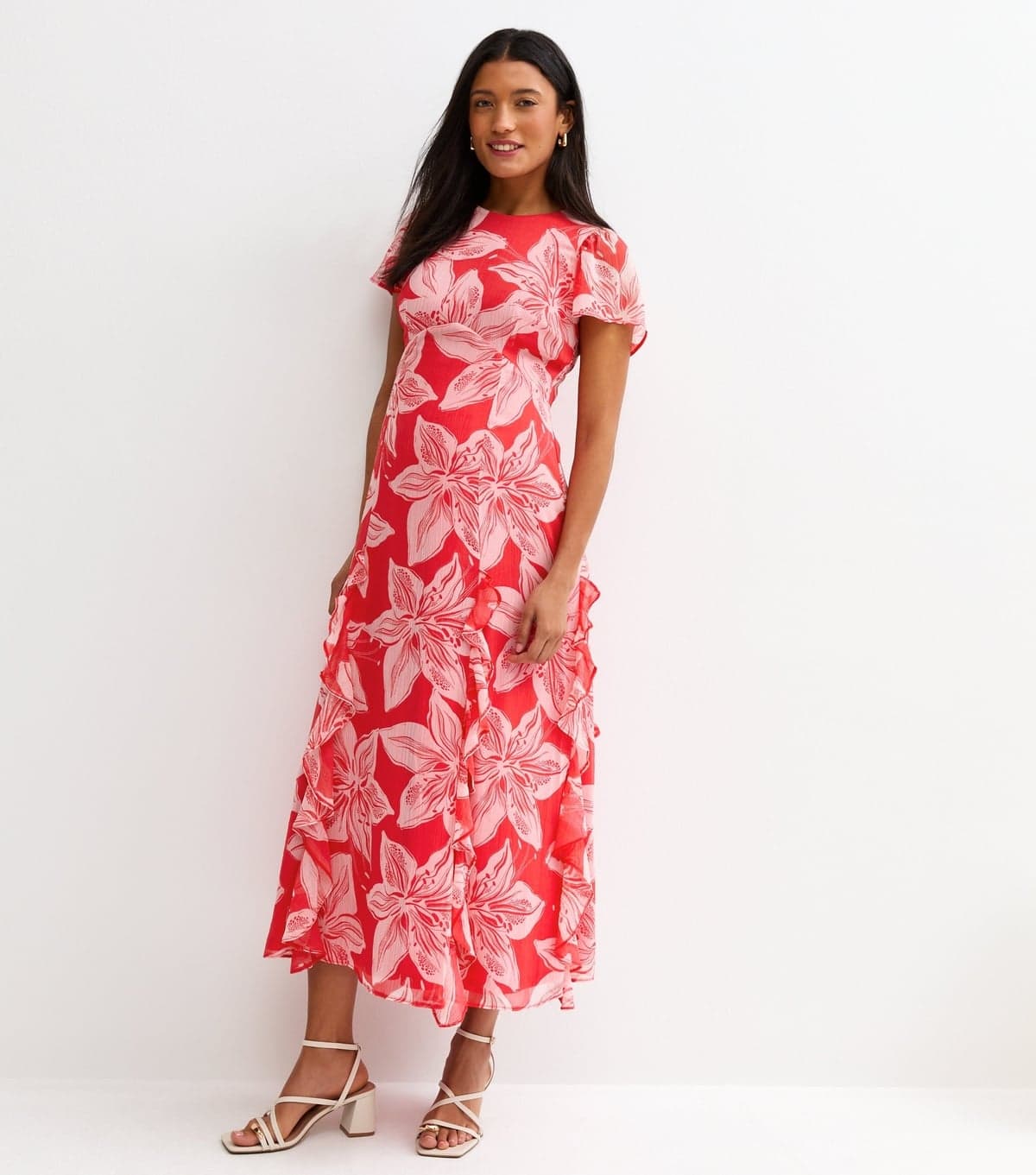 New Look Women's Maternity Pink Chiffon Orchid Print Midi Dress New Look