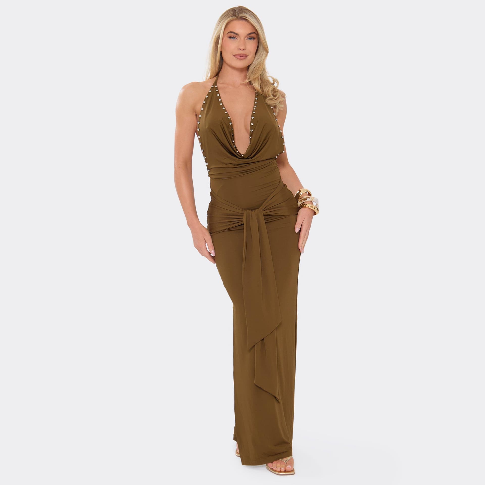 EGO Halterneck Cowl Front Studded Wrap Detail Maxi Dress In Khaki, Women's Size UK 6
