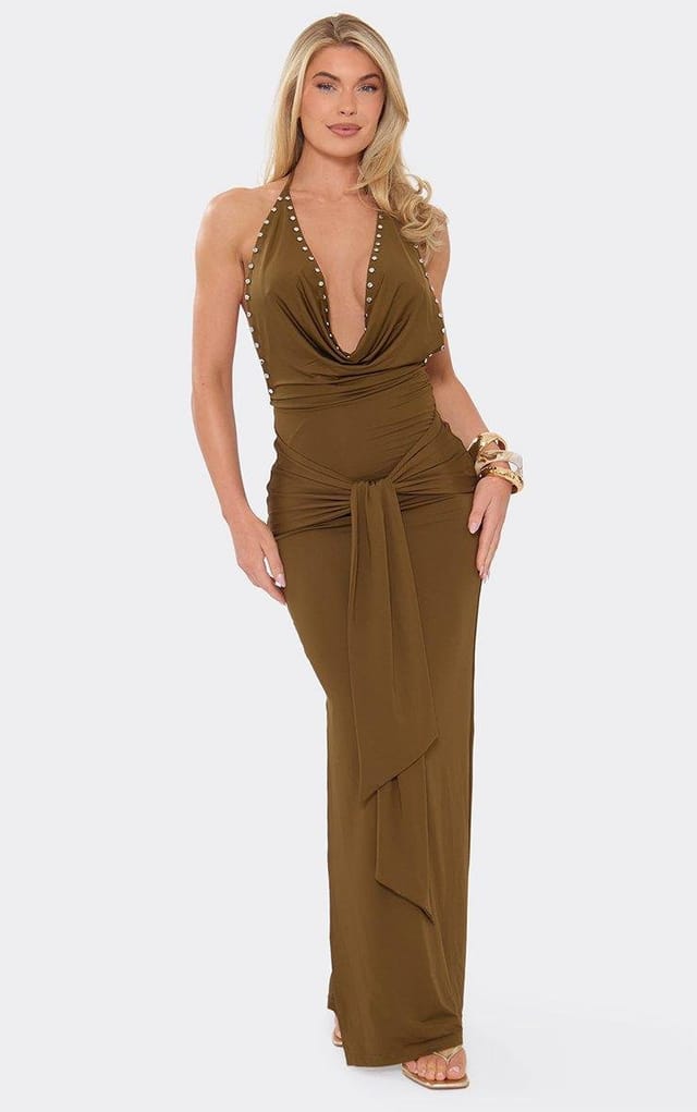 EGO Halterneck Cowl Front Studded Wrap Detail Maxi Dress In Khaki, Women's Size UK 6 - 2