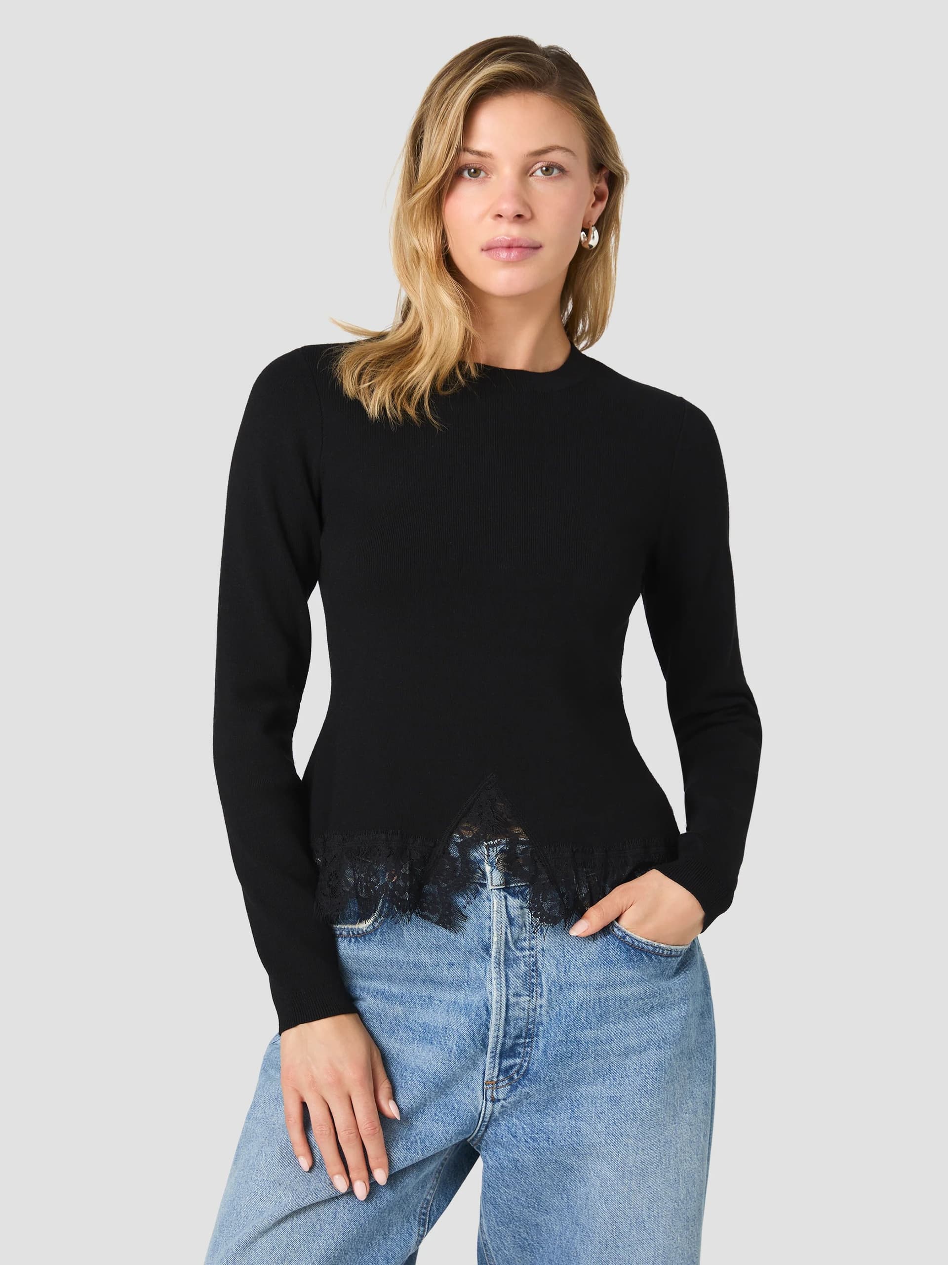 French Connection Maxime Black Lace Hem Long Sleeve Knit Top Black