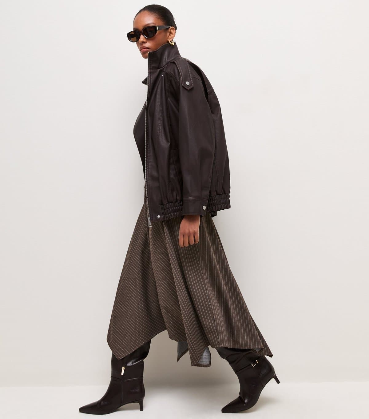 New Look Women's Brown Pinstripe Hanky Hem Midi Skirt New Look