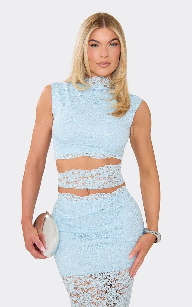 EGO High Neck Cut Out Detail Top In Baby Blue Lace, Women's Size UK 6 - 2