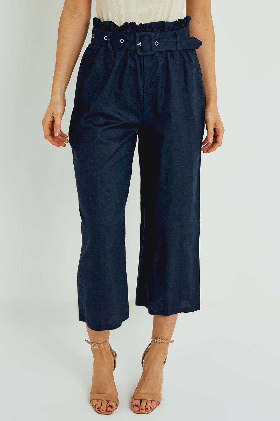 ELAINA FASHION ELAINA FASHION Women's Cotton Paper Bag Waist Trousers in Navy - 2