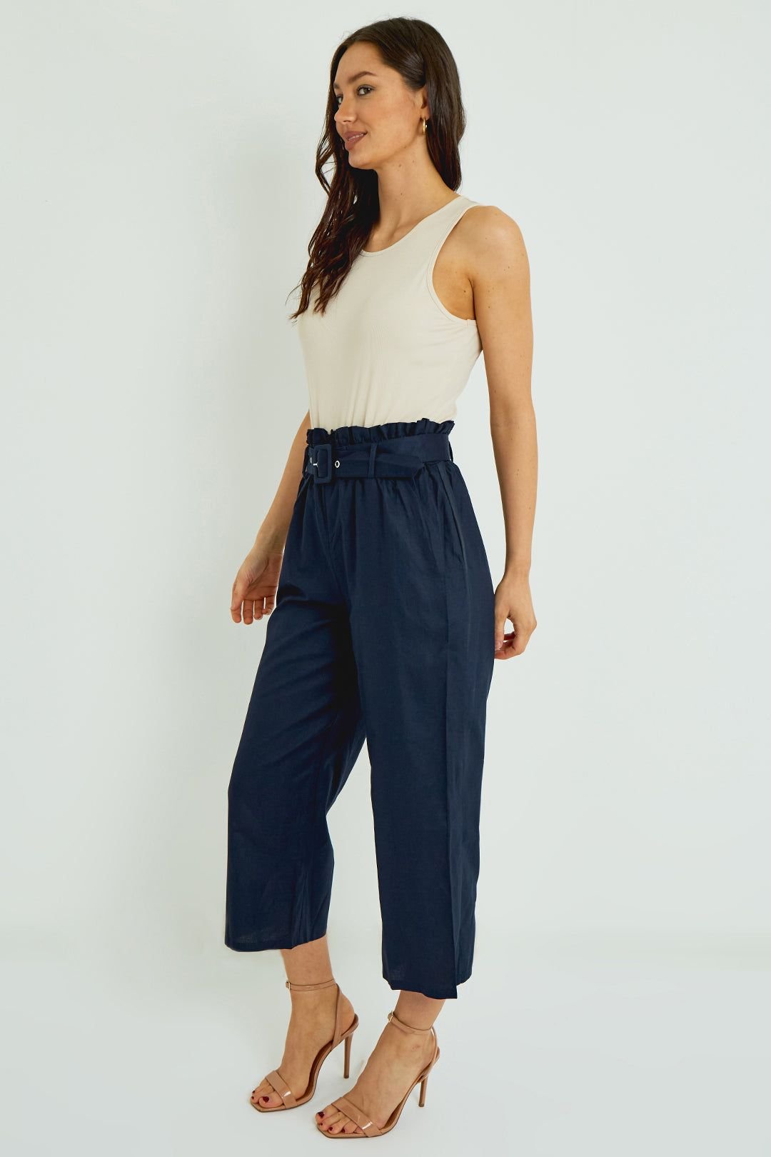 ELAINA FASHION ELAINA FASHION Women's Cotton Paper Bag Waist Trousers in Navy - 3