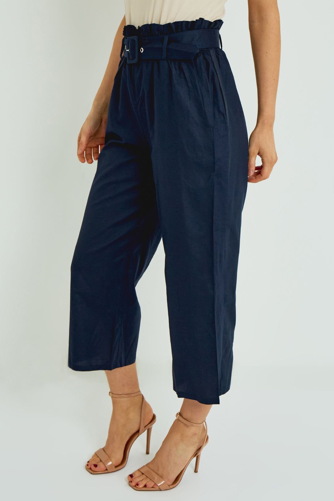 ELAINA FASHION ELAINA FASHION Women's Cotton Paper Bag Waist Trousers in Navy - 4
