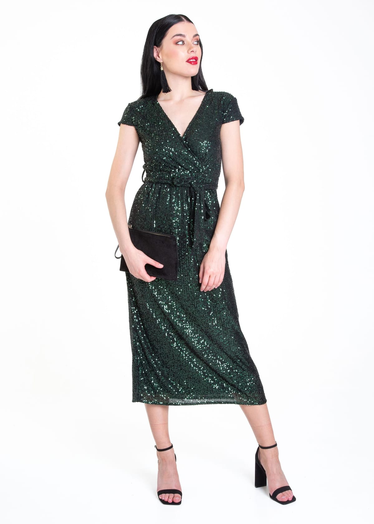 Gini London Gini London Women's Green Sequin Belted Midi Wrap Dress - 1