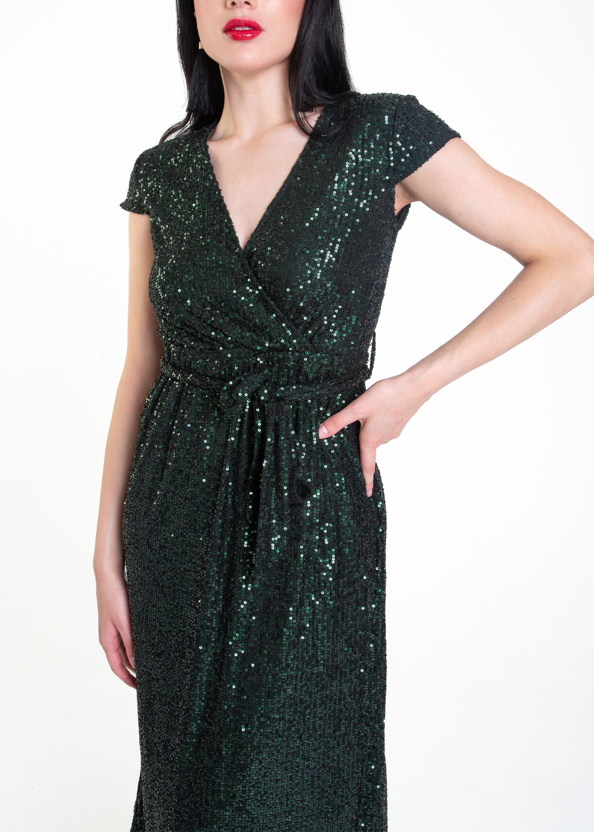 Gini London Gini London Women's Green Sequin Belted Midi Wrap Dress - 2
