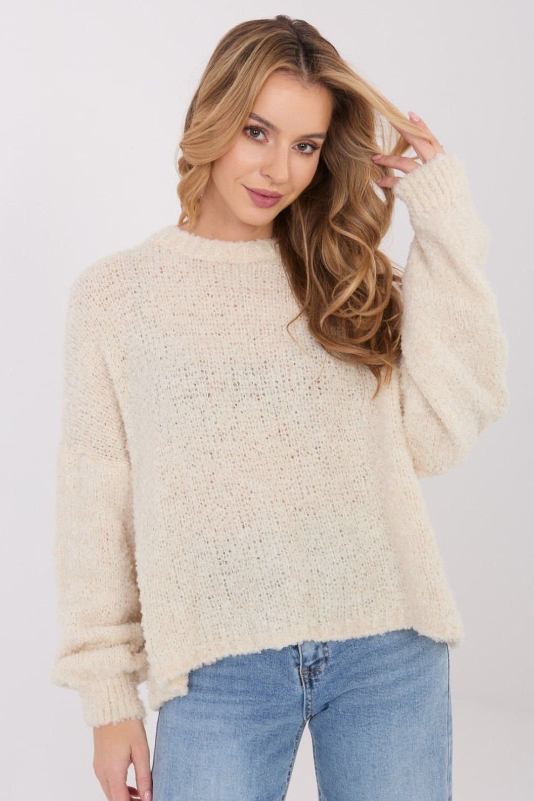 Love Lace Love Lace Women's Casual Oversize Round Neck Sweater Puff Sleeves in Cream