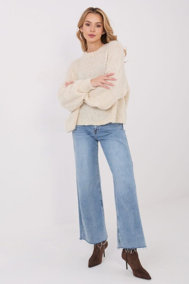 Love Lace Love Lace Women's Casual Oversize Round Neck Sweater Puff Sleeves in Cream - 2