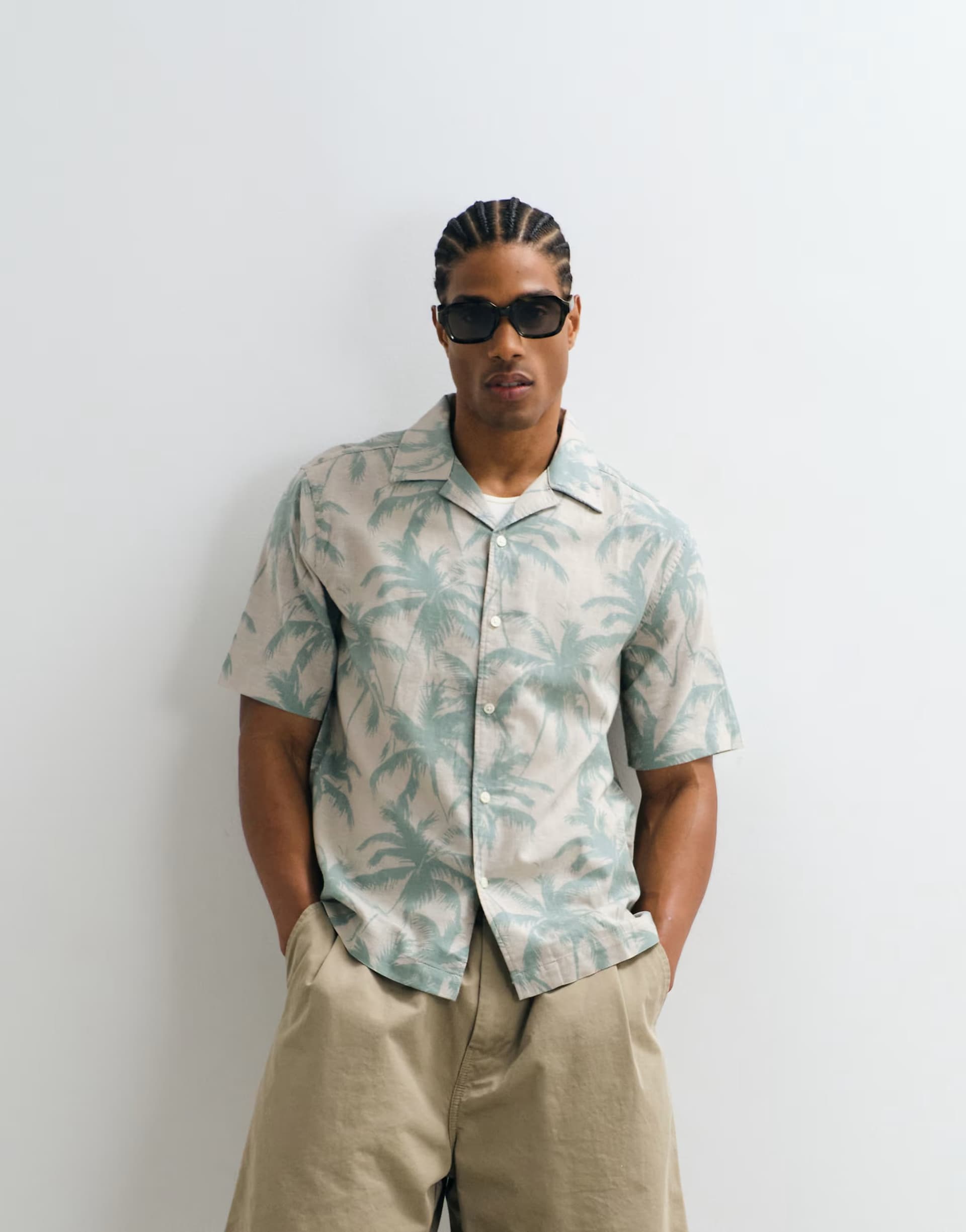 ASOS ONLY & SONS regular fit shirt with linen in light green palm print