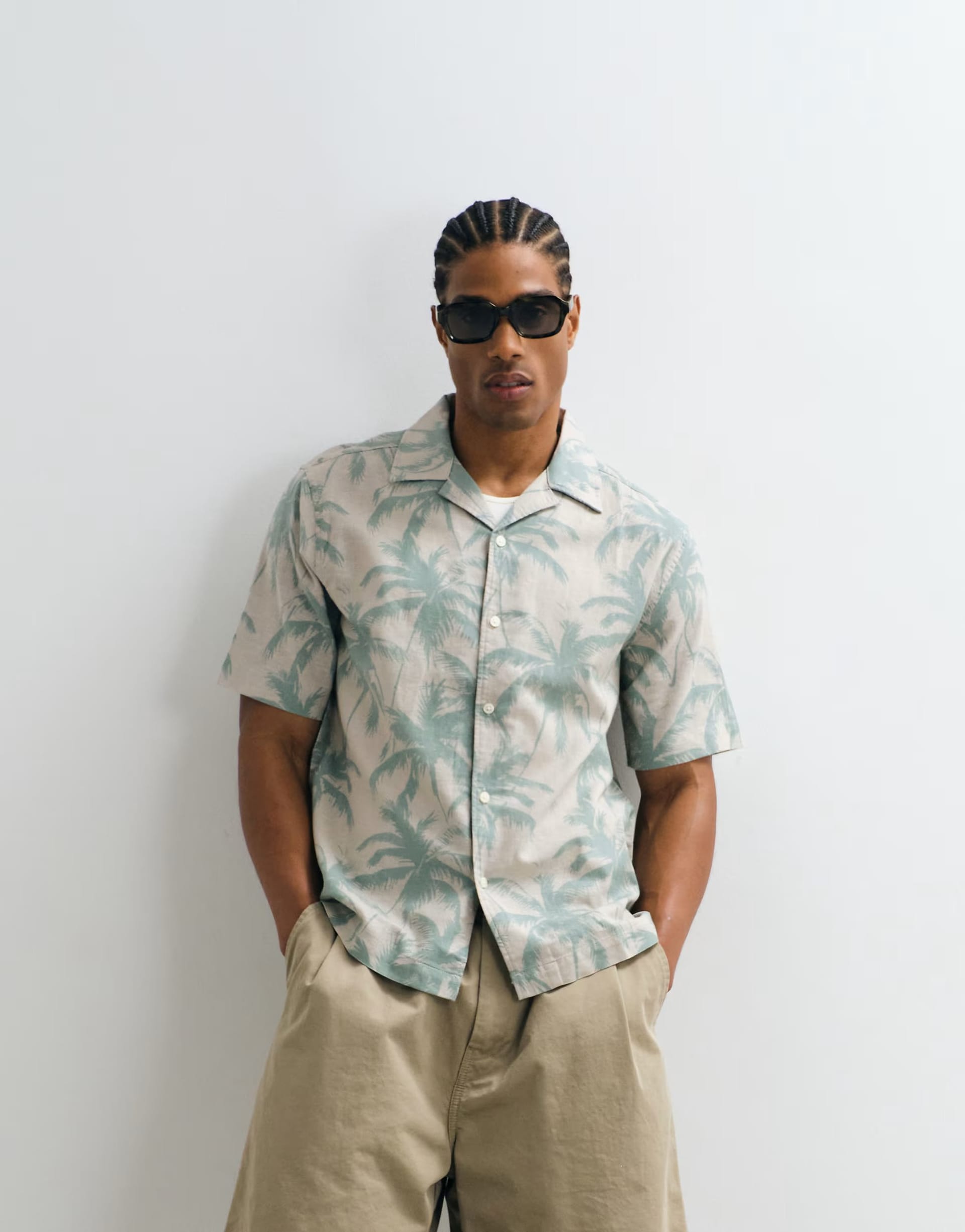 ASOS Men's Light Green Palm Print Linen Shirt