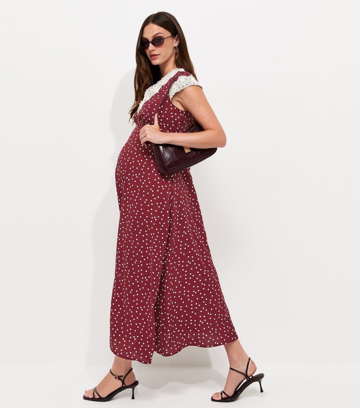 New Look Women's Maternity Red Spot Print Lace Trim Midi Dress New Look