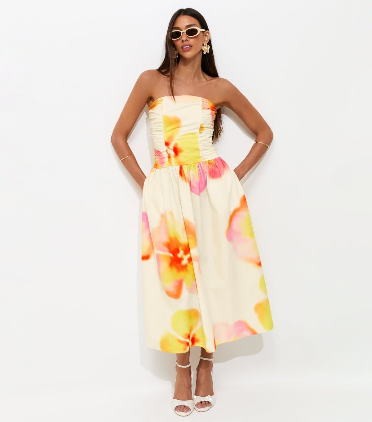New Look Women's Cream Lotus Print Ruched Bandeau Midi Dress New Look