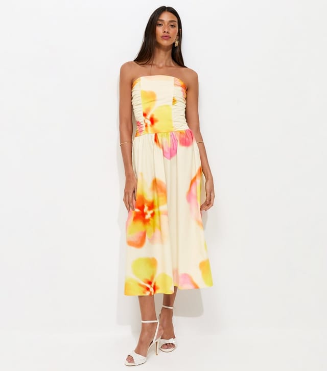 New Look Women's Cream Lotus Print Ruched Bandeau Midi Dress New Look - 2