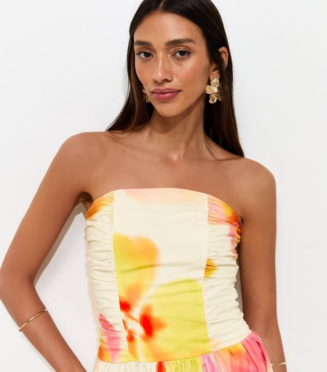 New Look Women's Cream Lotus Print Ruched Bandeau Midi Dress New Look - 3