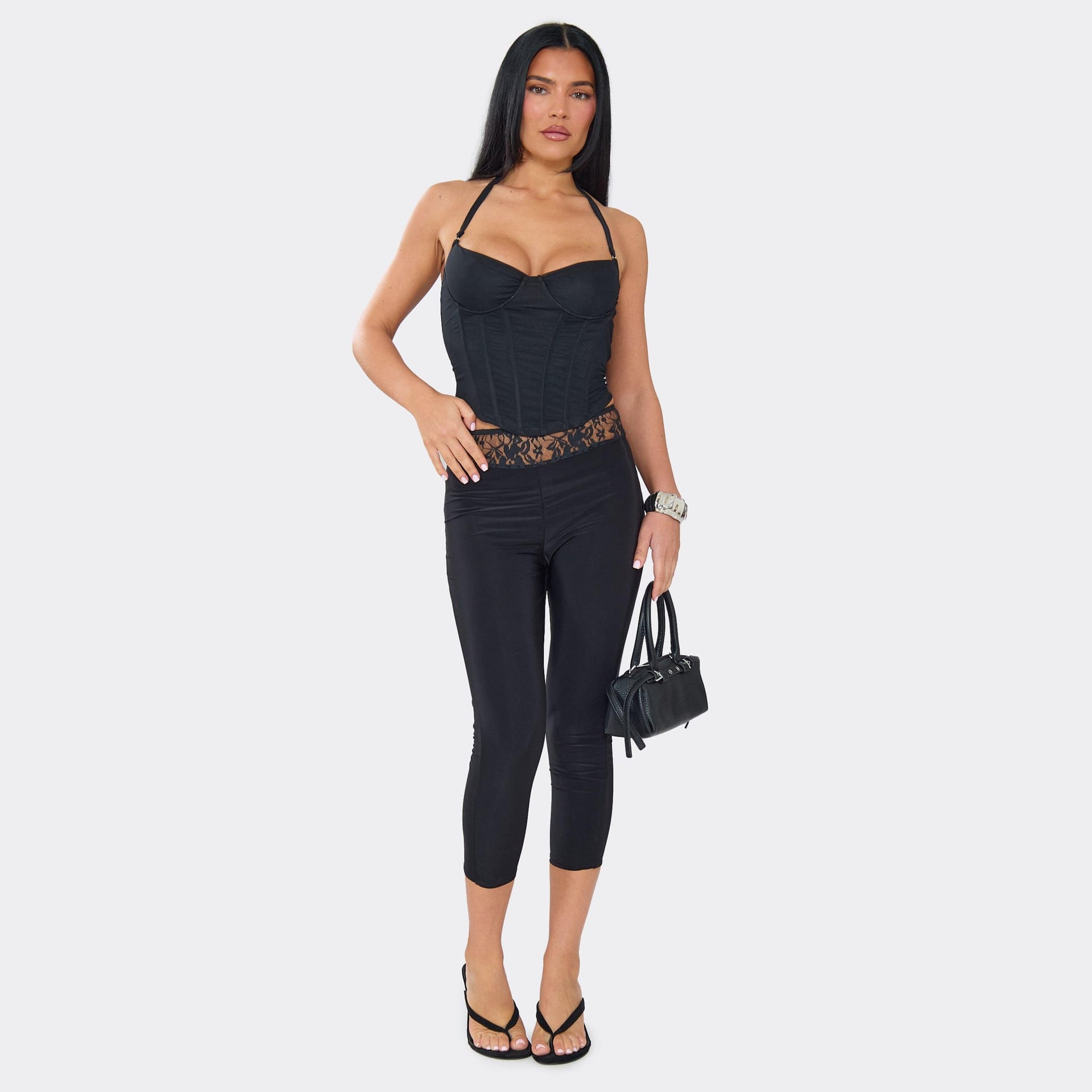 EGO Black Slinky Lace Waist Capri Trousers