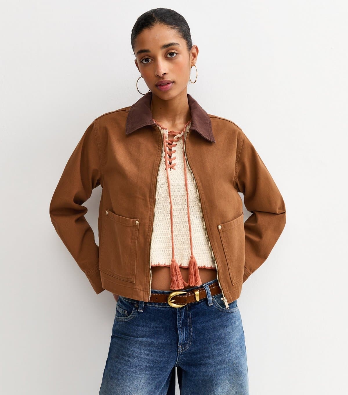 New Look New Look Dark Brown Contrast Collar Barn Jacket