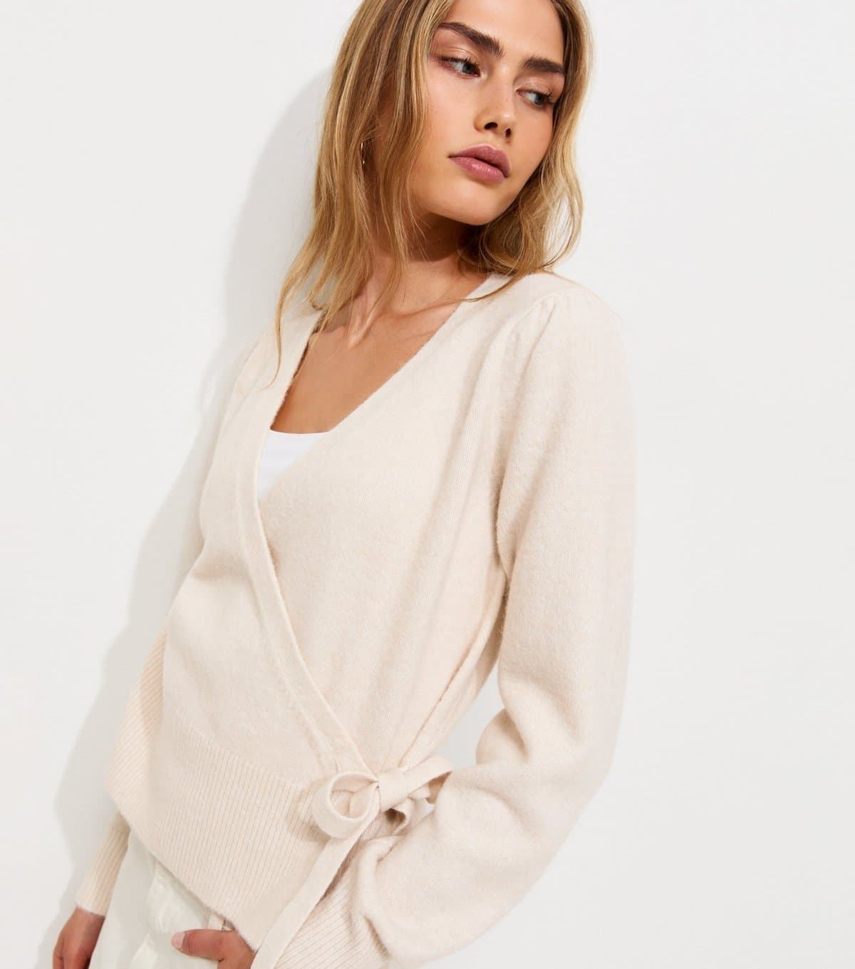 New Look Women's Cream Puff Sleeve Knitted Wrap Jumper New Look