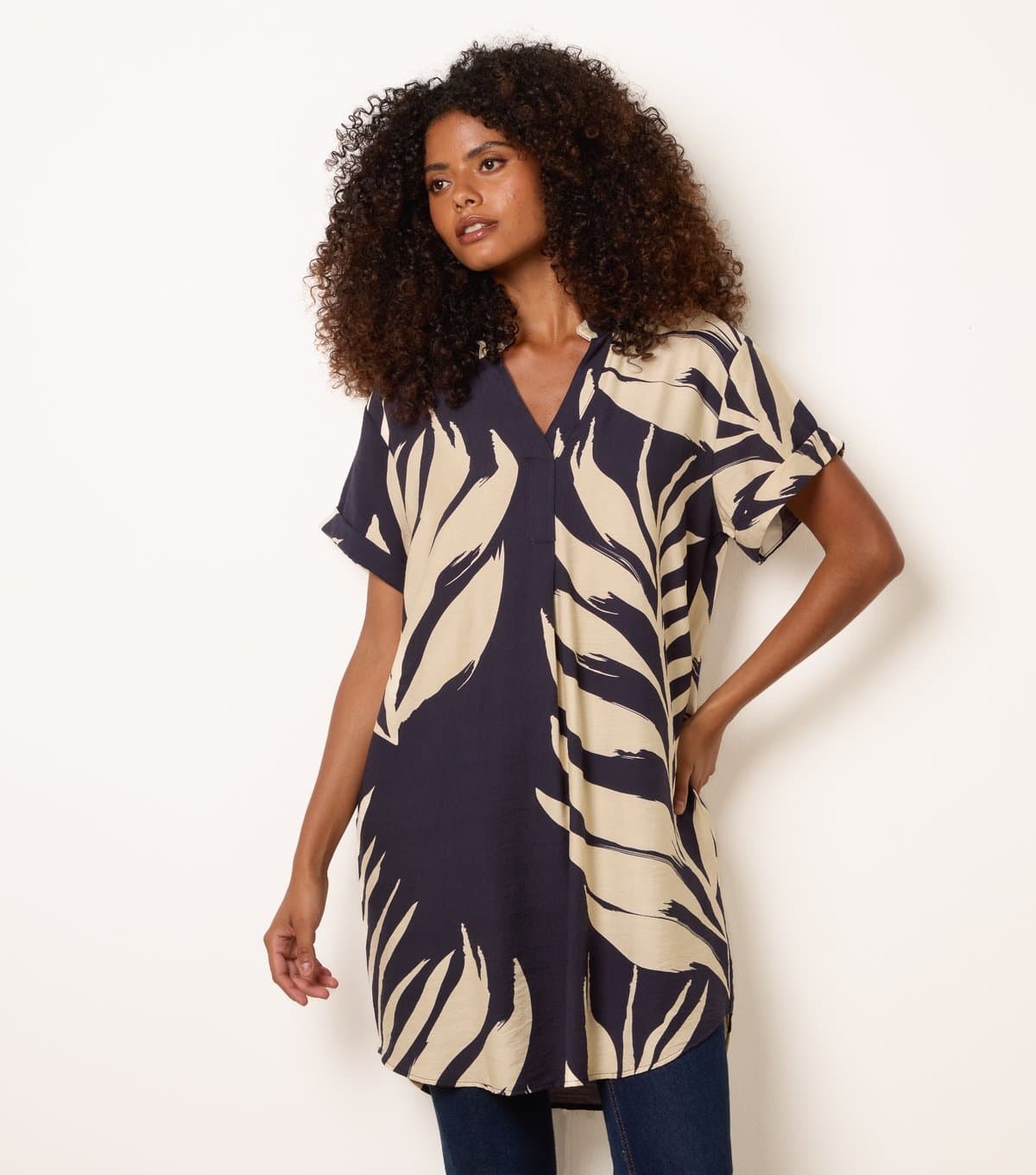 Blue Vanilla Women's Navy Palm Print Tunic Top Blue Vanilla New Look
