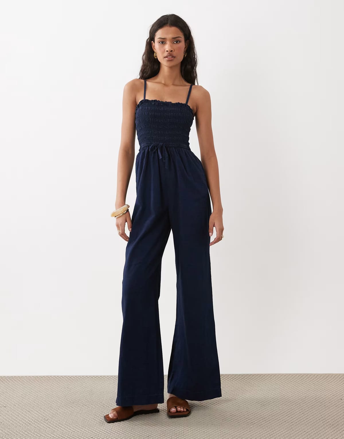 ASOS ASOS DESIGN shirred denim jumpsuit in inky wash - 1