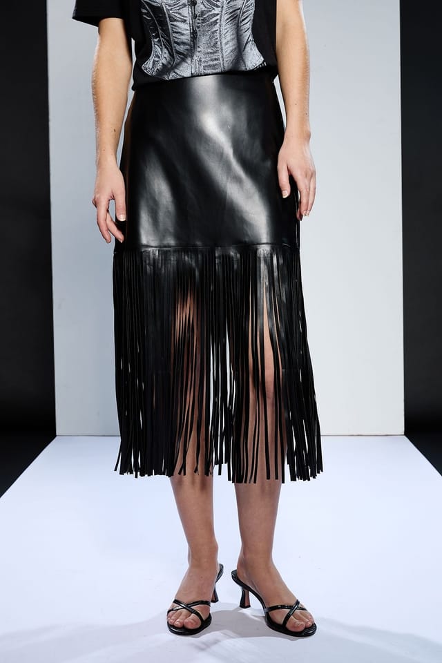 RUNWAY 1.8.1.8 RUNWAY 1.8.1.8 Women's Faux Leather Fringe Skirt in Black - 2