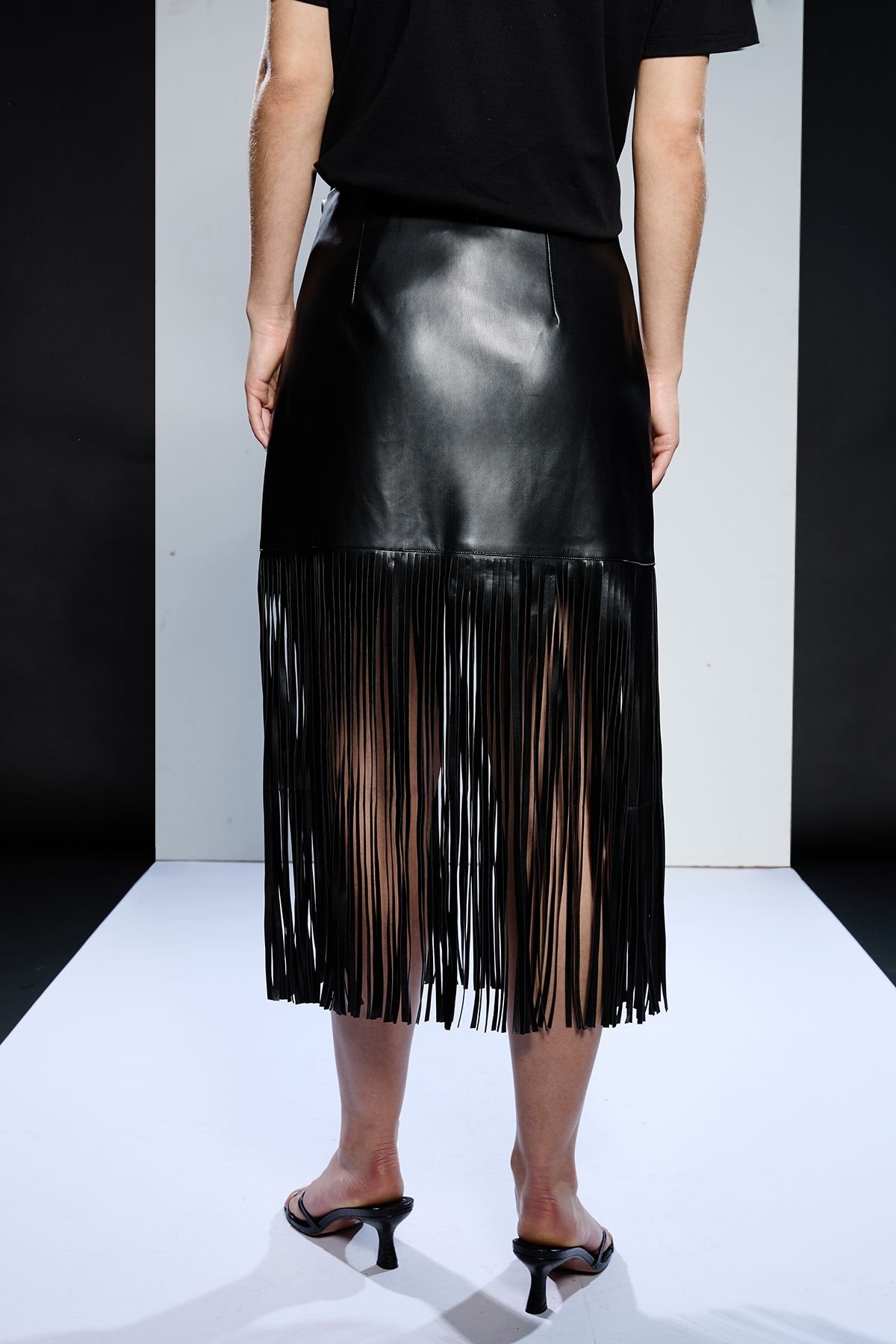 RUNWAY 1.8.1.8 RUNWAY 1.8.1.8 Women's Faux Leather Fringe Skirt in Black - 3