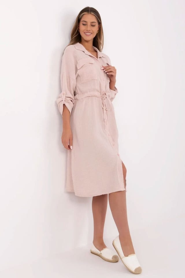 Love Lace Love Lace Women's Breathable Cotton Shirt Midi Dress Waist Tie in Pink - 2