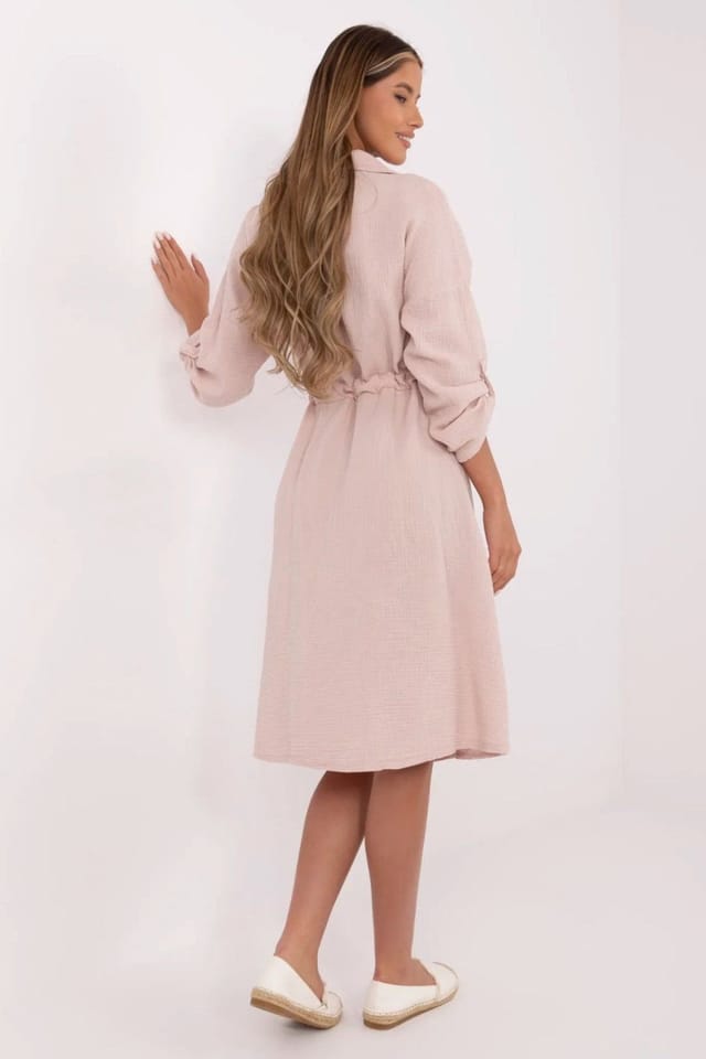 Love Lace Love Lace Women's Breathable Cotton Shirt Midi Dress Waist Tie in Pink - 3
