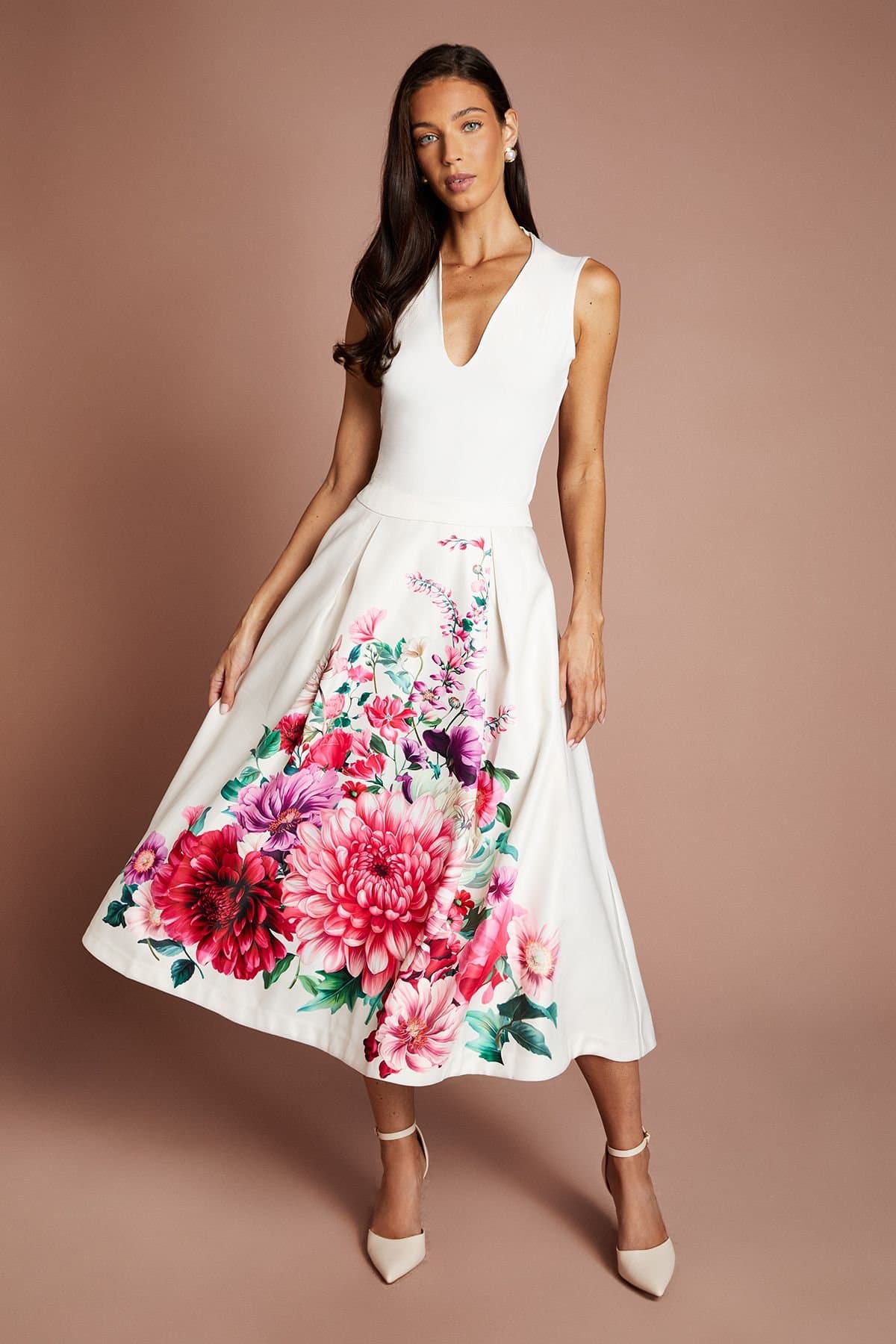 Coast Coast Women's Satin Midi Skirt With Placement Print in Ivory