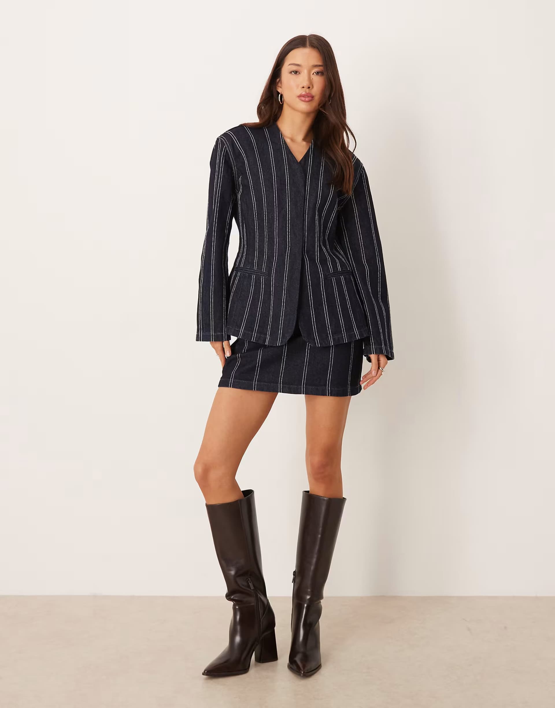 ASOS ASOS DESIGN denim structured navy pinstripe blazer with shoulder pad and skirt co-ord
