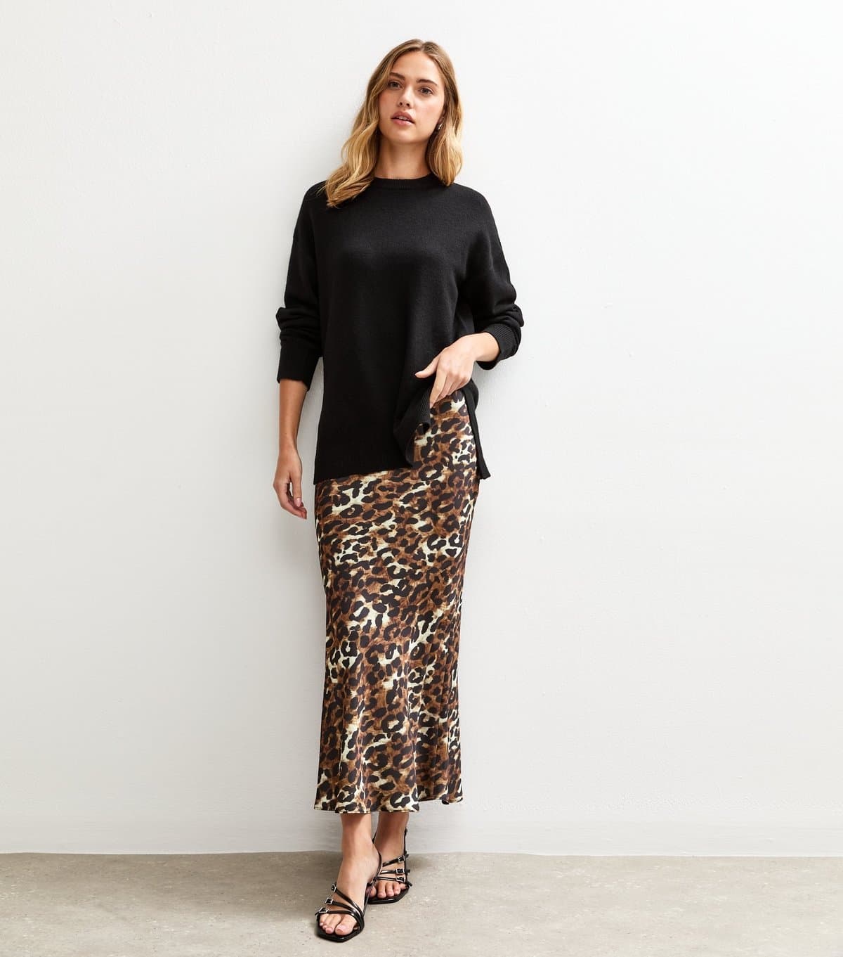 New Look Women's Brown Animal Print Satin Bias Cut Midi Skirt New Look