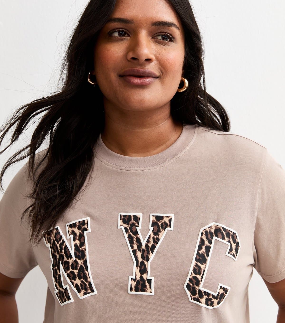 New Look Women's Plus Size Mink NYC Leopard Print Logo T-Shirt Curves New Look