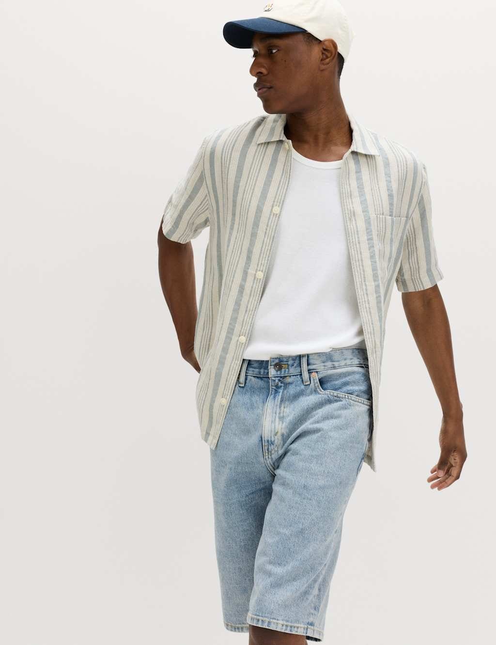 M&S Relaxed Fit Linen Rich Striped Short Sleeve Shirt Blue Mix