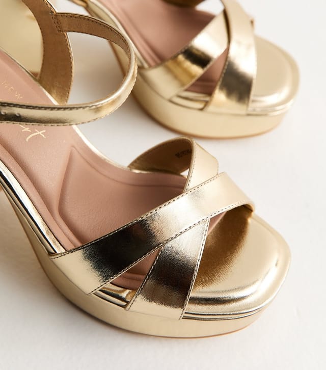 New Look Women's Extra Wide Fit Gold Cross Over Strap Platform Sandals Vegan New Look - 3