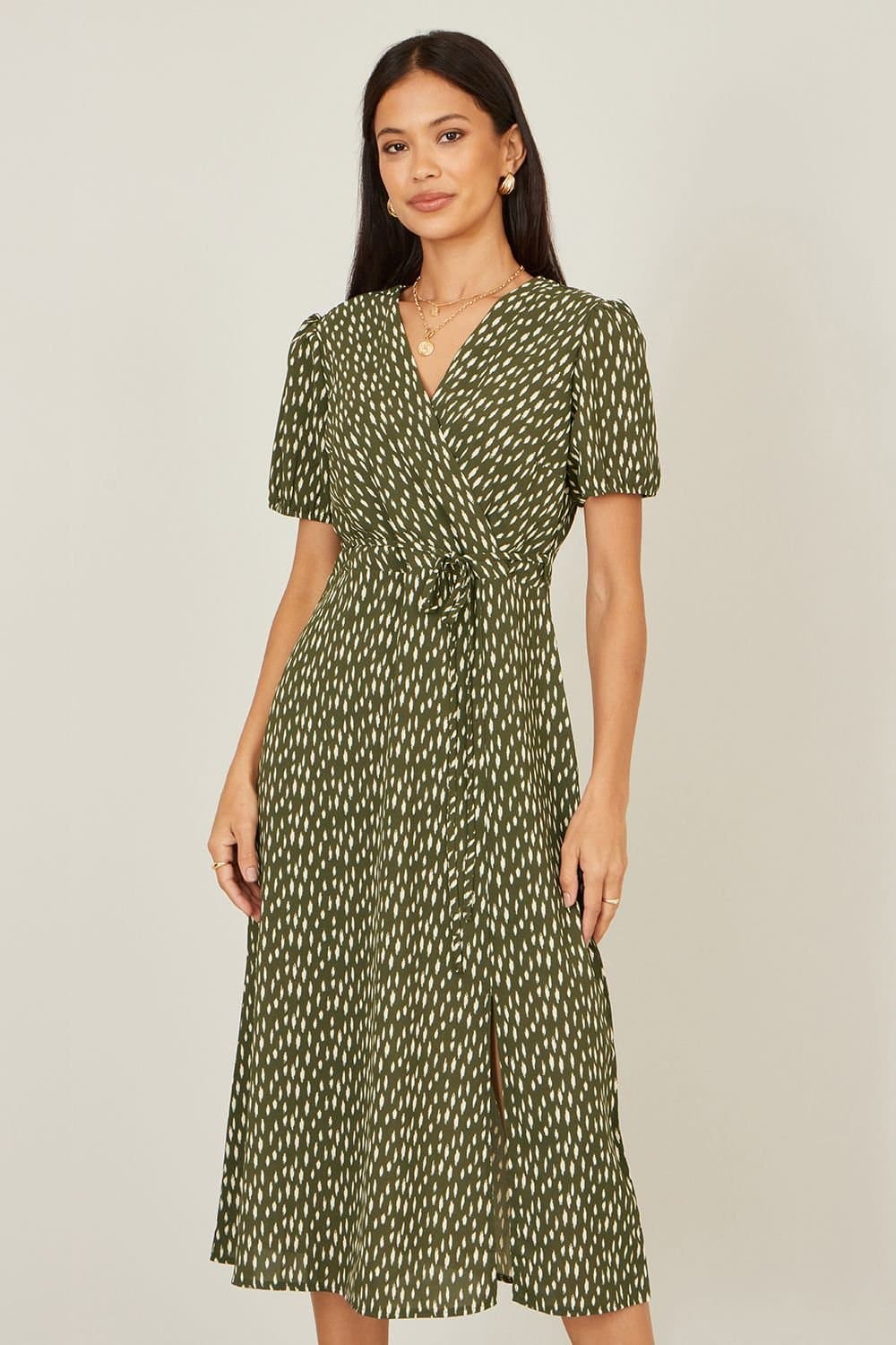 Yumi Yumi Women's Green Spot Wrap Midi Tea Dress