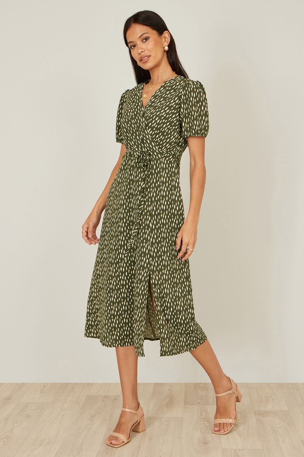 Yumi Yumi Women's Green Spot Wrap Midi Tea Dress - 2