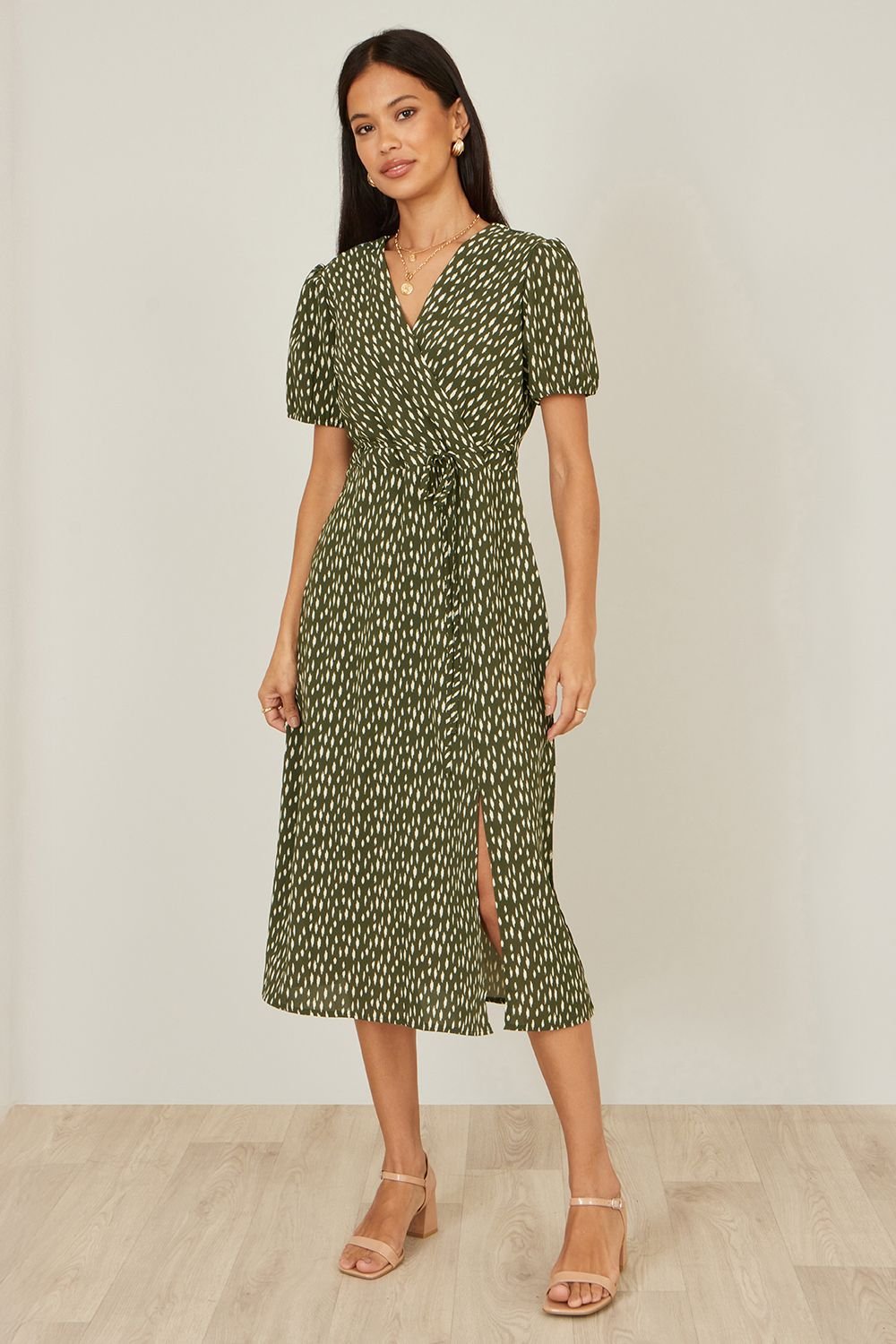Yumi Yumi Women's Green Spot Wrap Midi Tea Dress - 3