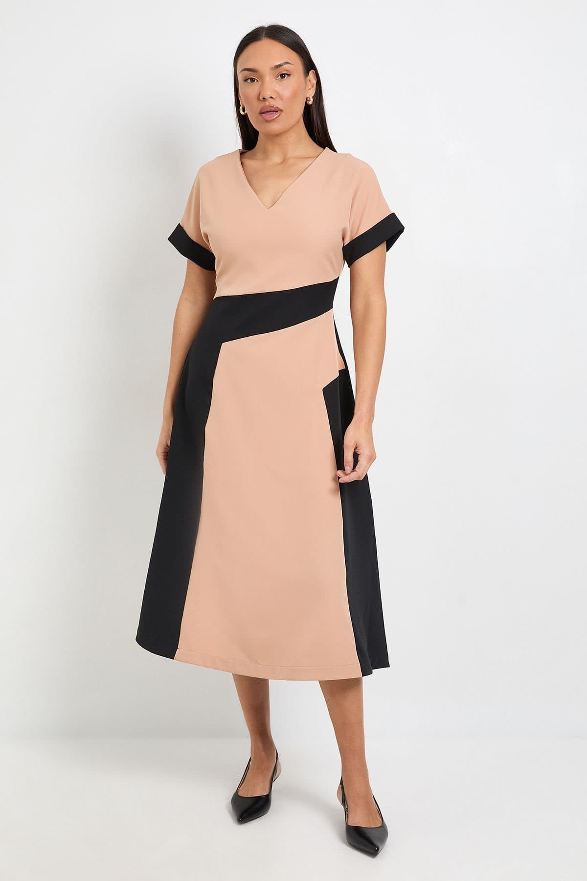 Principles Principles Women's Contrast Roll Sleeve Midi Dress in Black