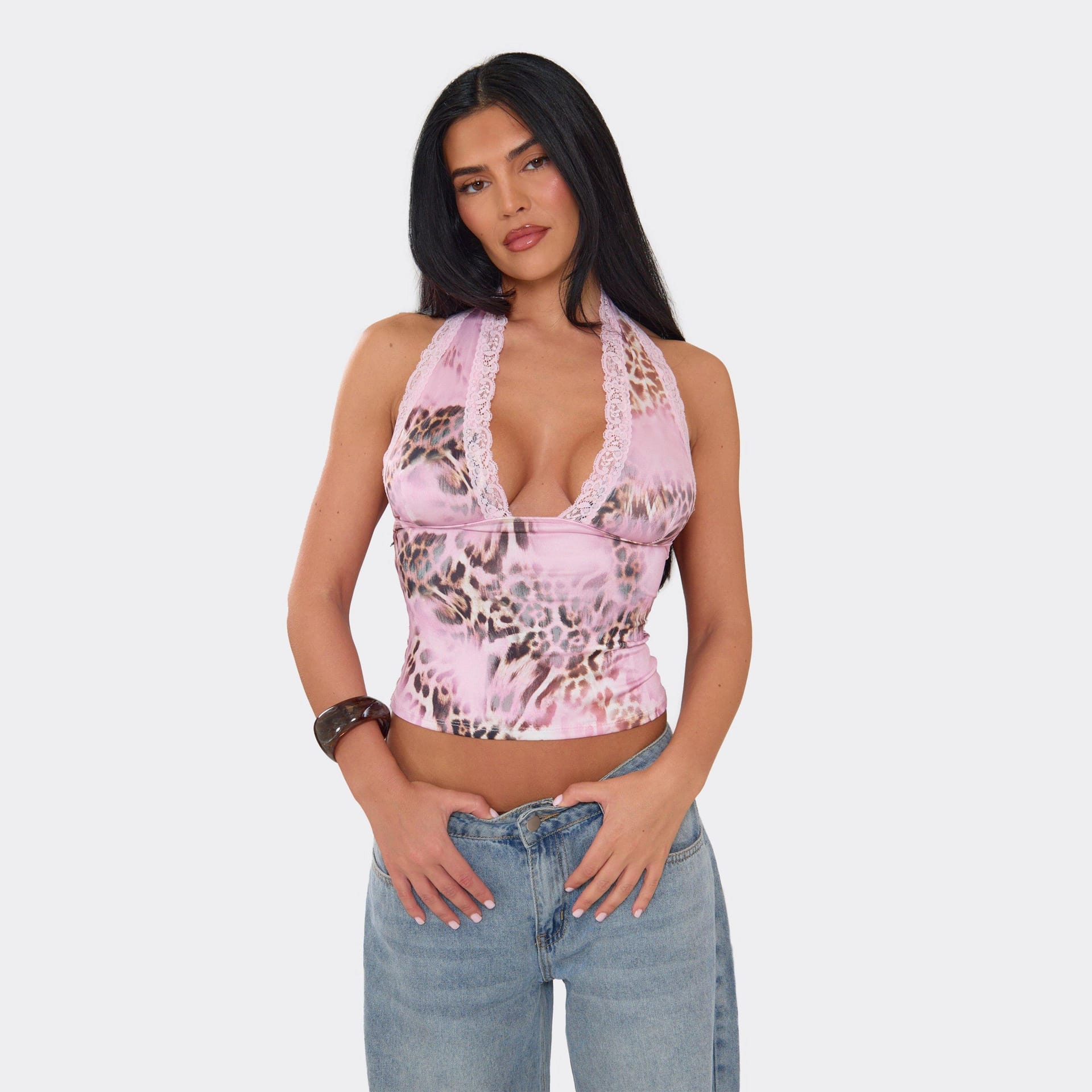 EGO Pink Leopard Print Halterneck Top
