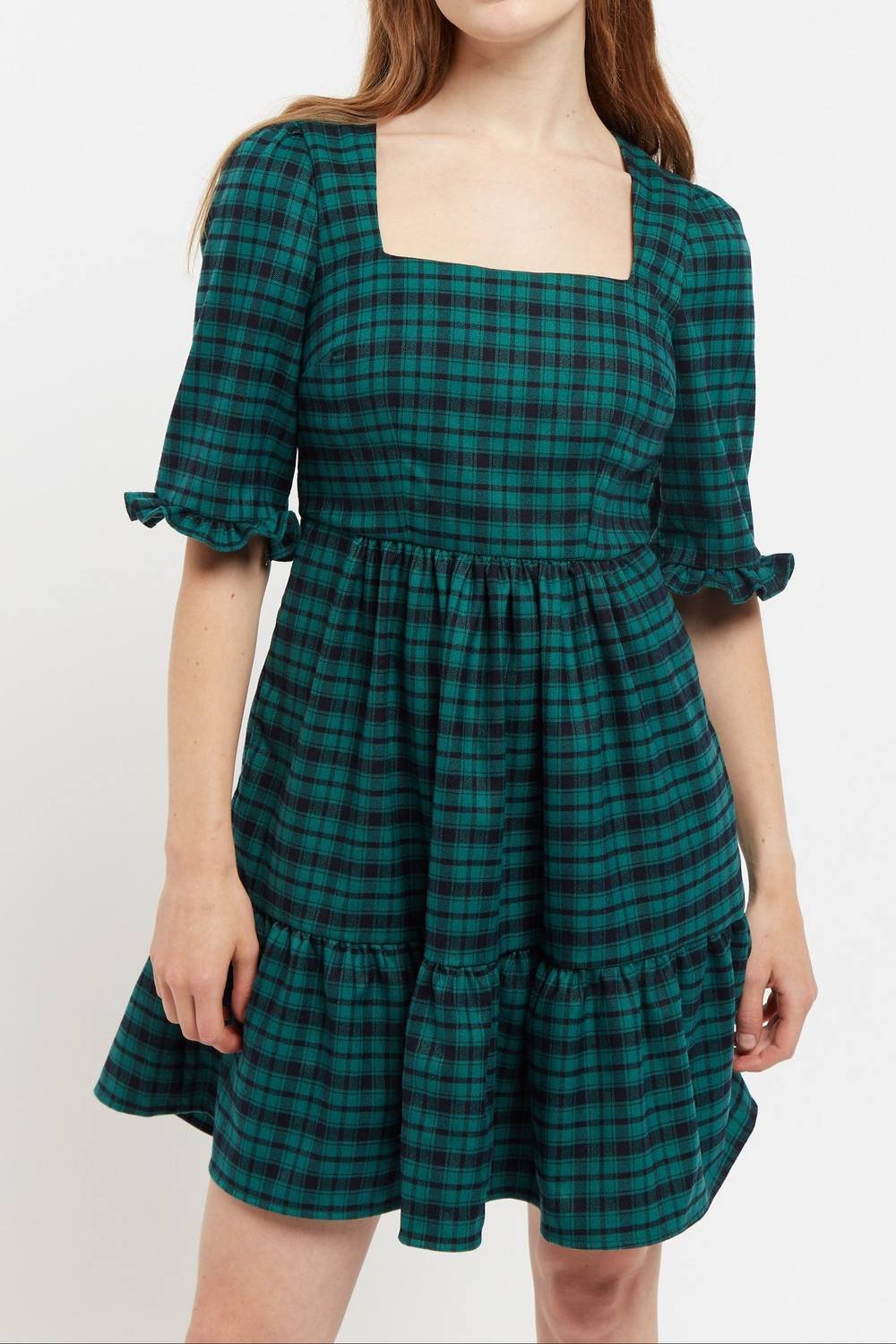 Louche Louche Women's Sassa Winter Gingham Tiered Mini Dress in Green & Black - 2