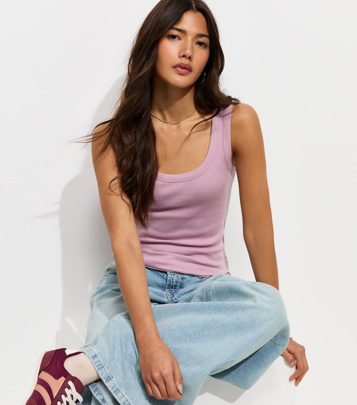 New Look Women's Pink Cotton Rich Ribbed Scoop Neck Vest Top New Look