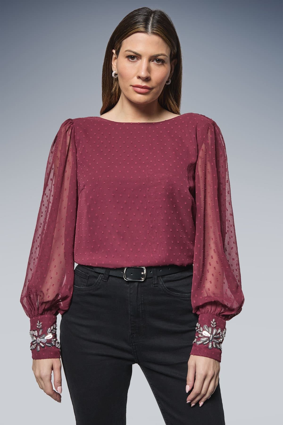 Wallis Wallis Burgundy Dobby Embellished Cuff Blouse