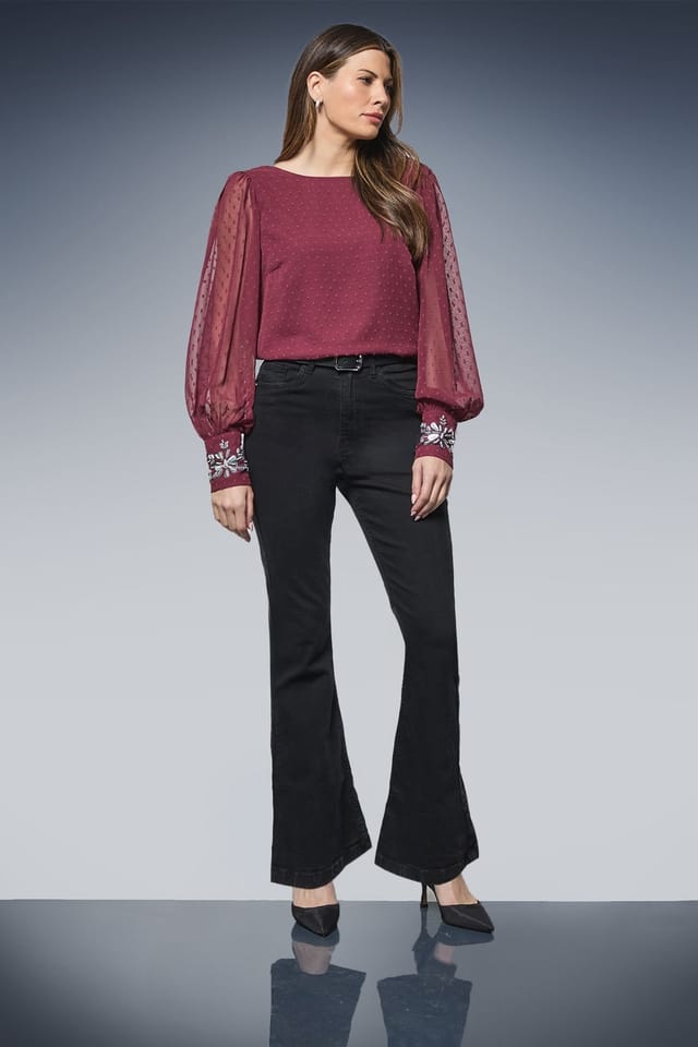 Wallis Wallis Women's Occasion Dobby Embellished Cuff Blouse in Burgundy - 2