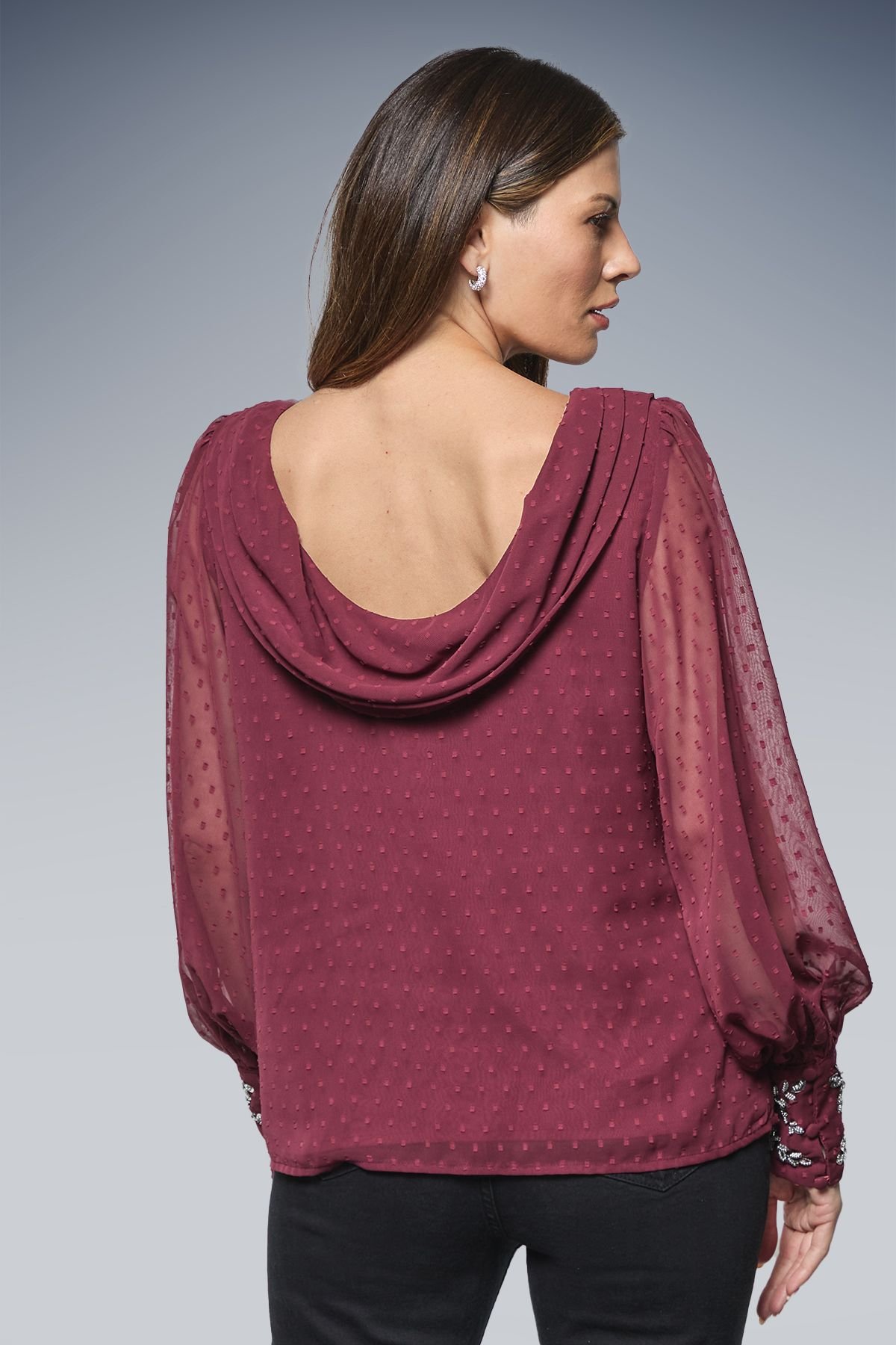 Wallis Wallis Women's Occasion Dobby Embellished Cuff Blouse in Burgundy - 3