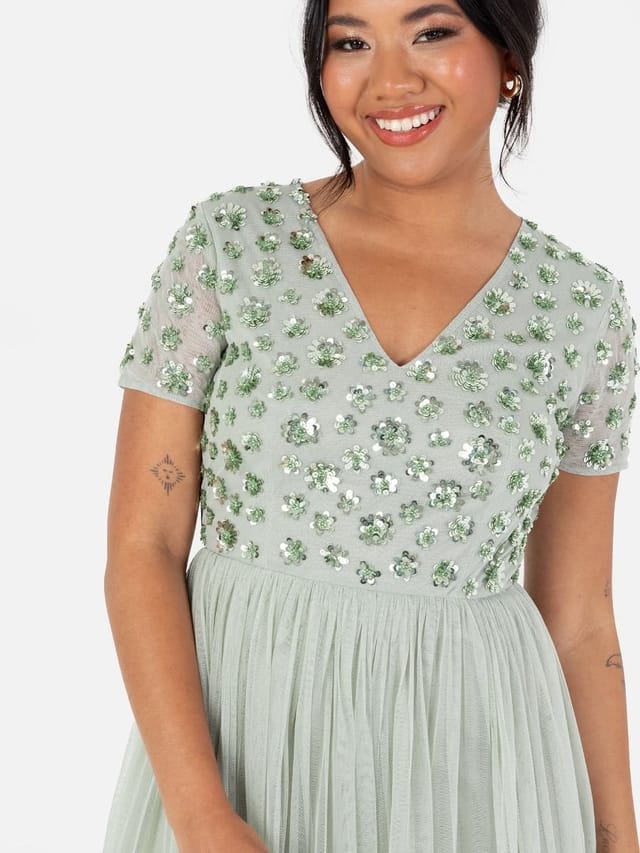 Maya Deluxe Maya Deluxe Women's Floral Embellished Short Sleeve Maxi Dress in Mint - 2